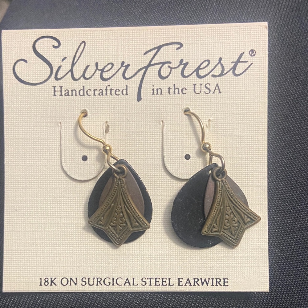 Silver Forest Black and Gold Teardrop Earrings